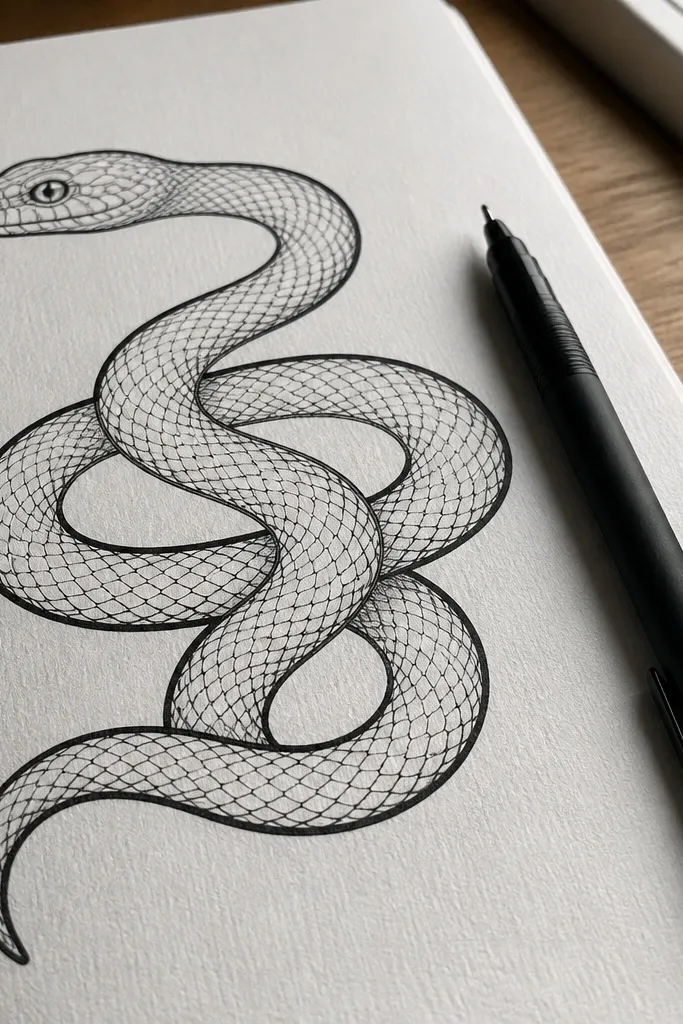 Snake sketch with thicker outline on silhouette and thinner lines inside