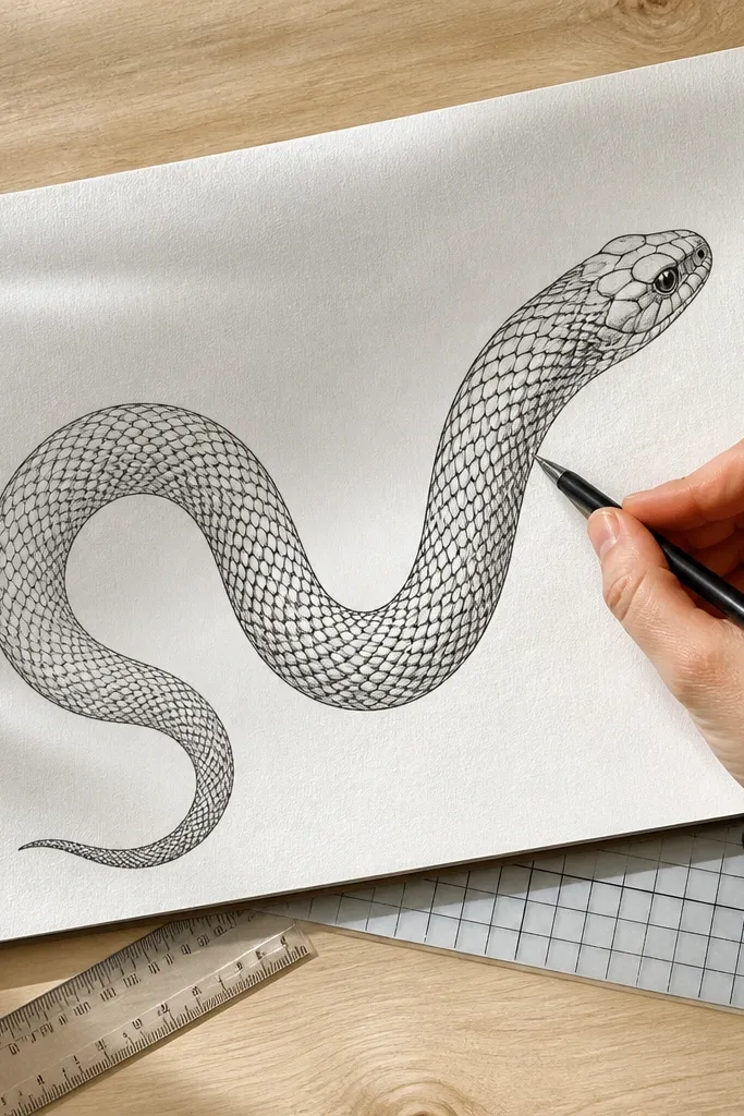 Snake drawing with scale sizes changing smoothly toward the tail