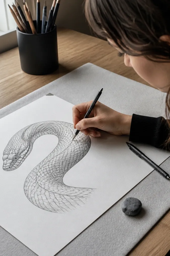 Graphite snake sketch with clean lines and minimal smudges