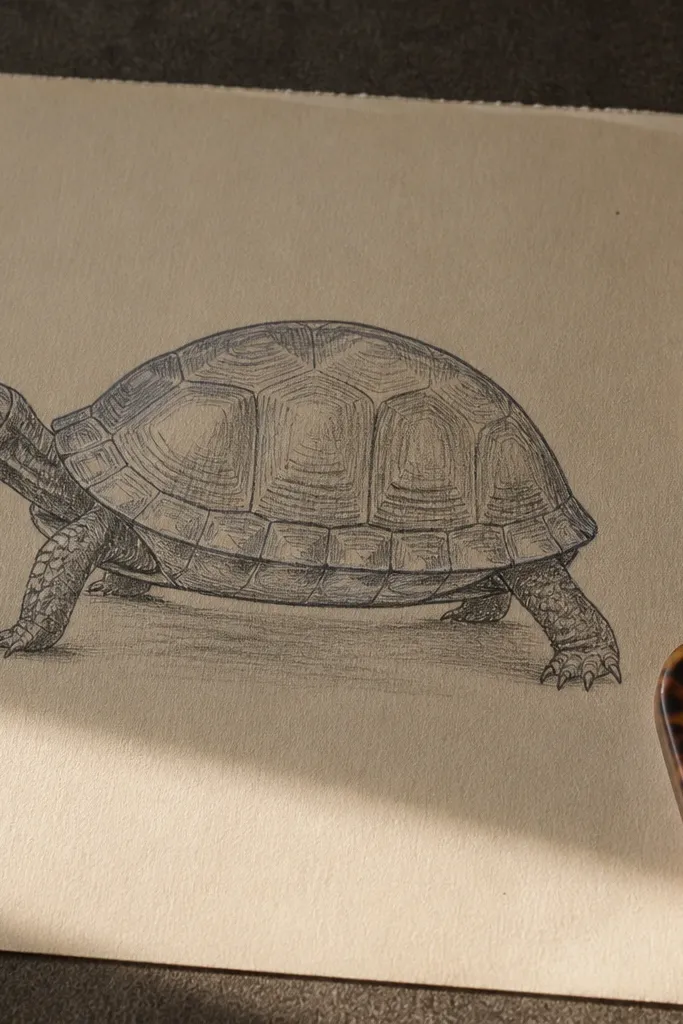 Side view turtle sketch with an oval shell and legs attached to the lower edge