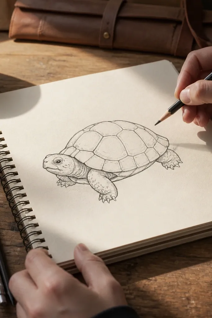 3/4 turtle sketch where head overlaps the shell and one leg is closer