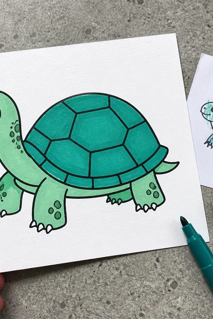 Cartoon turtle with bold shell outline and large scute pattern tiles