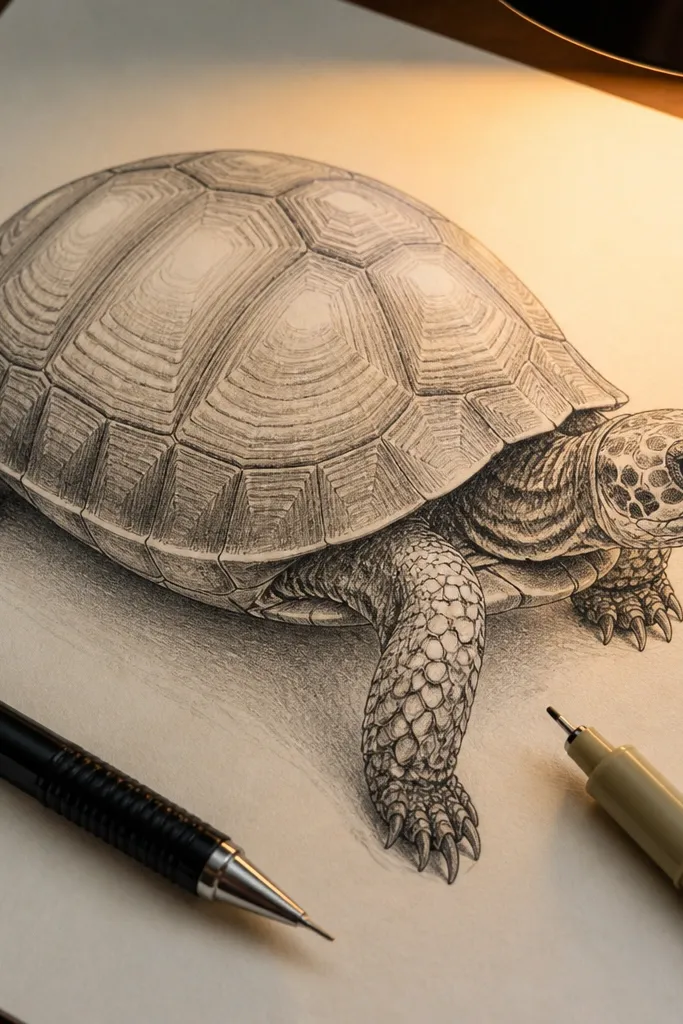 Turtle sketch with shell scutes following the curve and lighter interior lines