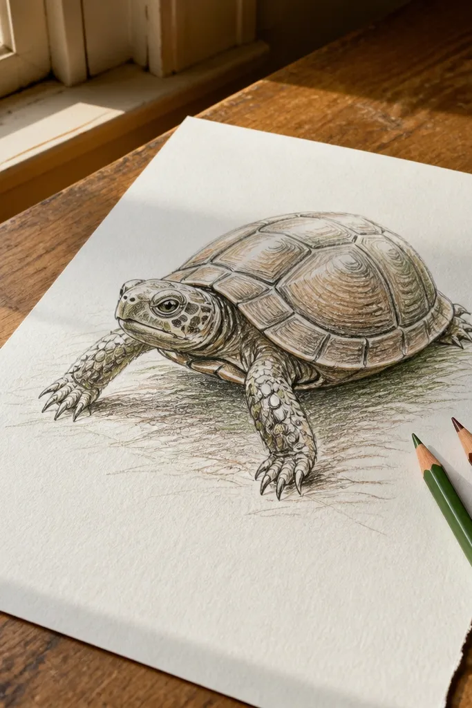 Turtle legs sketch with near legs angled and far legs shorter behind shell