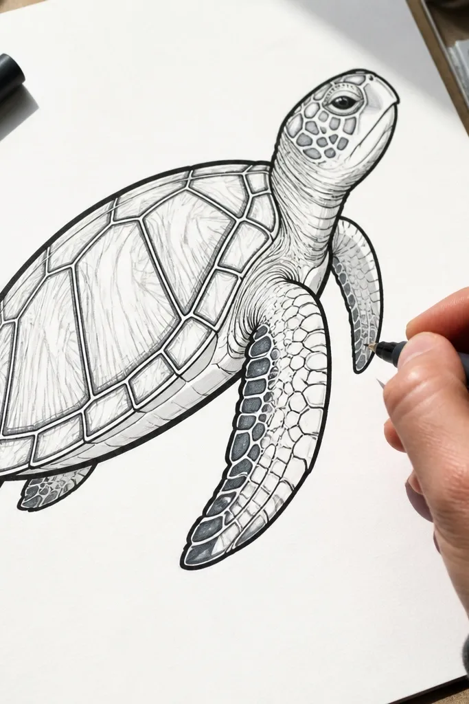 Marker turtle drawing with bold outer lines and lighter interior scute lines