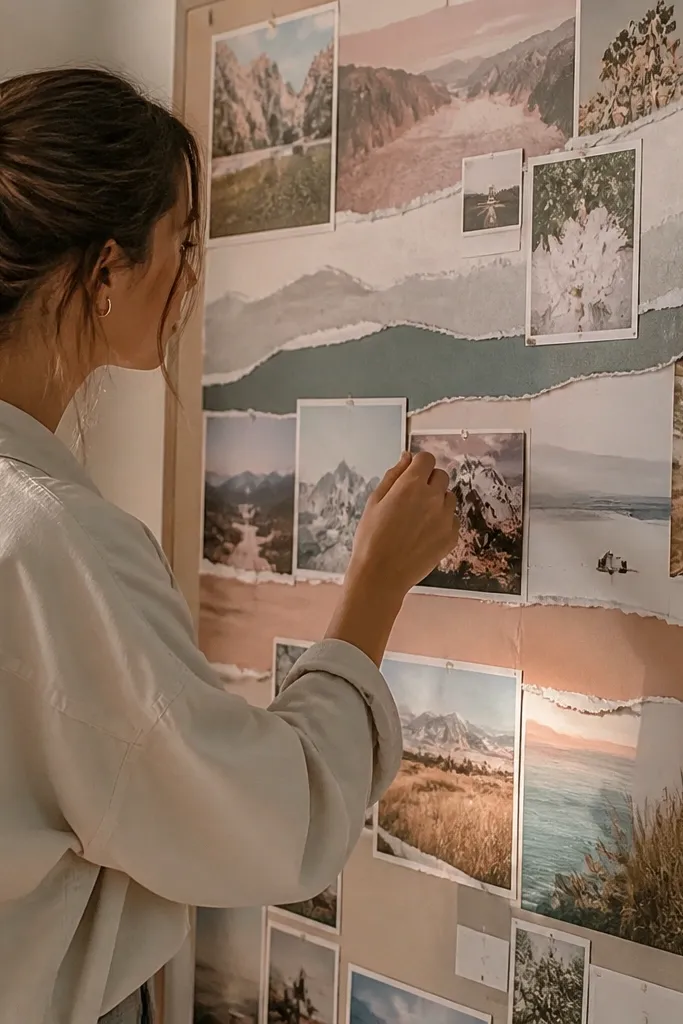 Torn paper edges framing soft photos with matte adhesive strips