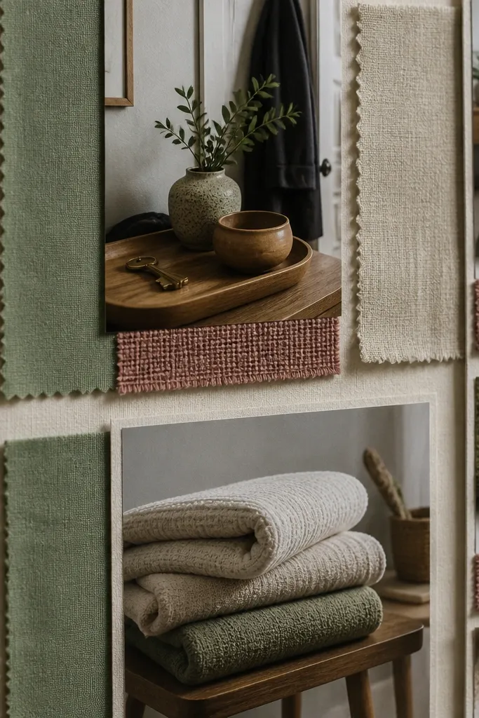 Neutral fabric swatches taped around photos with beige labels