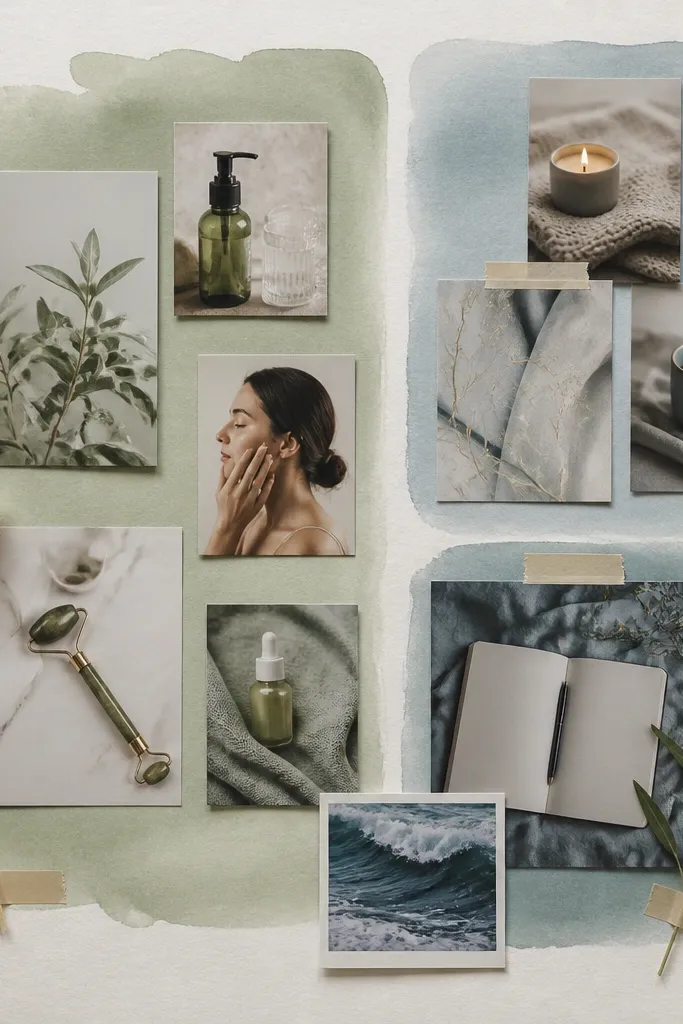 Pastel watercolor rectangles behind photos with soft gradients