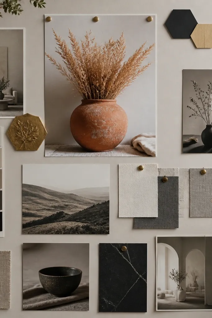 Mostly grayscale photos with one accent color border and small icons