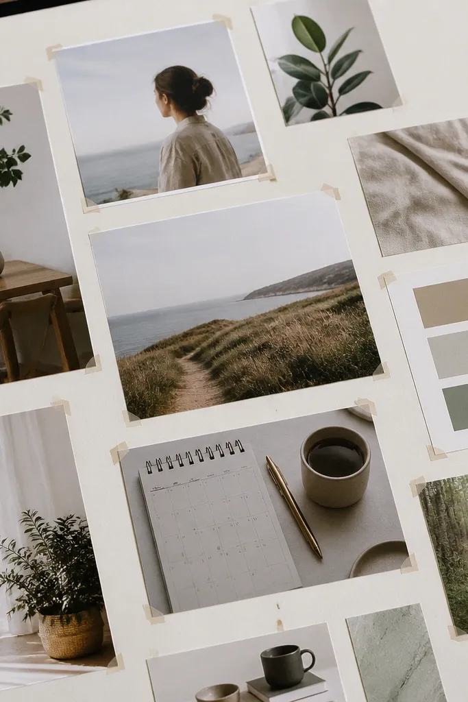 Photos held by small tape pieces at corners with consistent spacing
