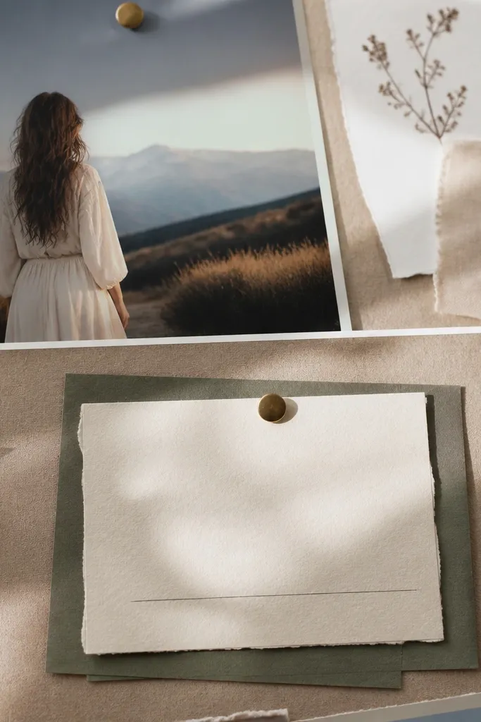 Thin quote cards layered under photos with a single light divider line
