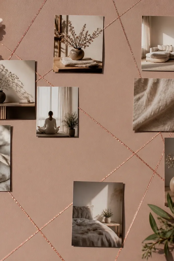 Dusty rose washi tape web pattern behind photos with light spacing