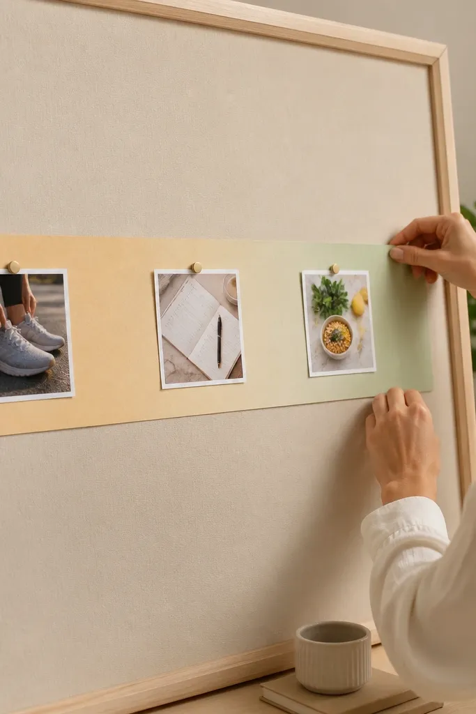 Ombre paper strip timeline with small photos spaced along it