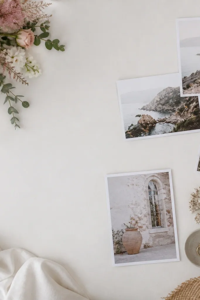 Small floral cutouts in one corner with lots of blank space and muted photos