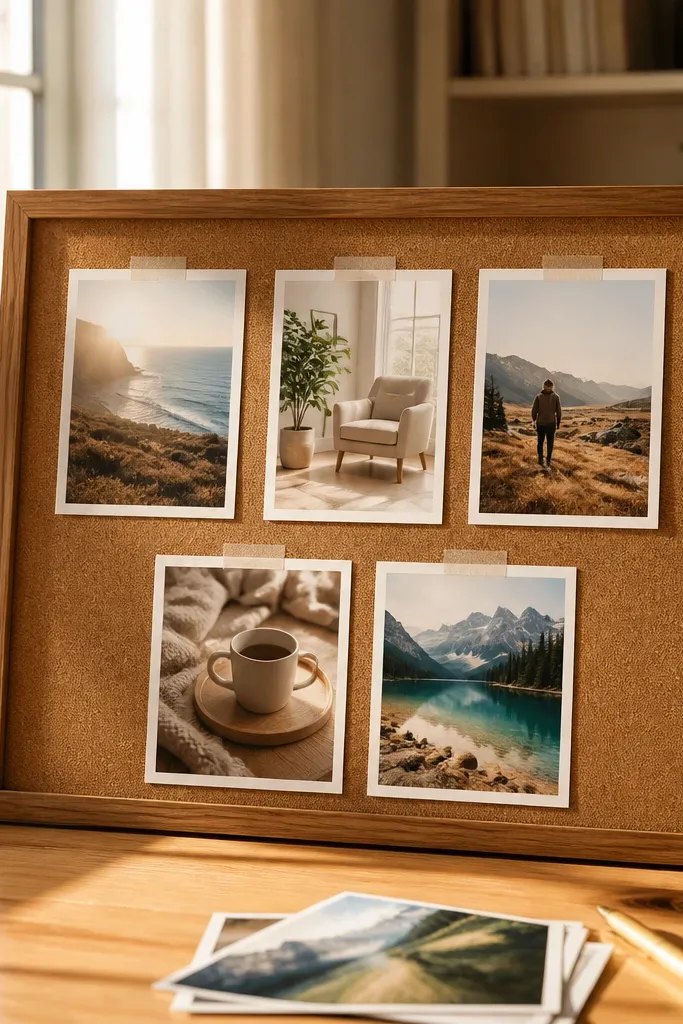 Photos attached with tape hinges in matching colors for easy swapping