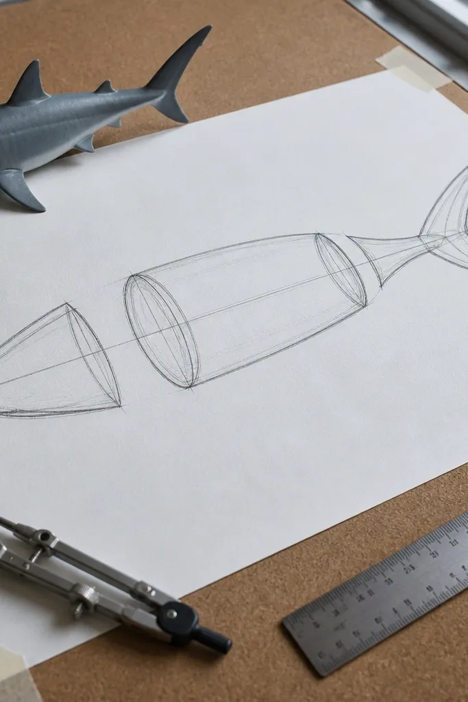 Shark sketch with three light construction shapes: wedge head, tube body, tail stock