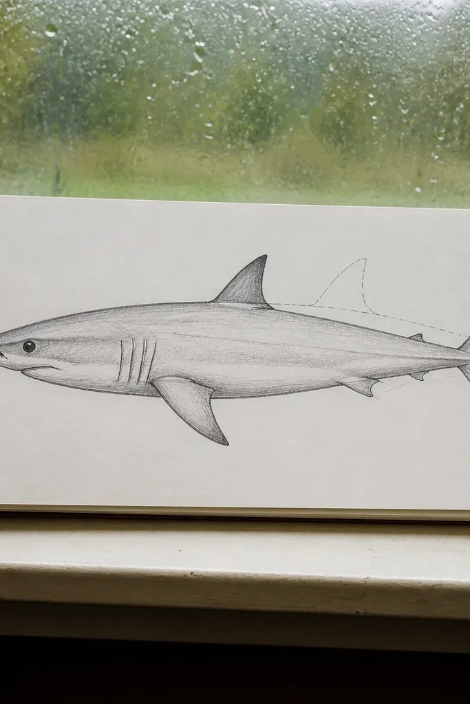 Side-view shark sketch showing a marked dorsal fin base on the body tube