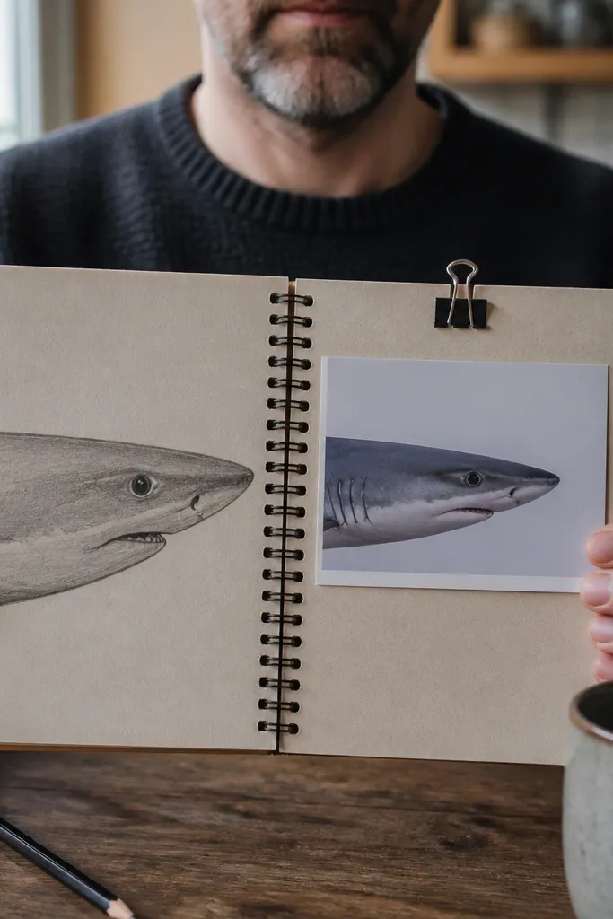Shark sketch with an eye placed on a line across the snout wedge, not at the tip