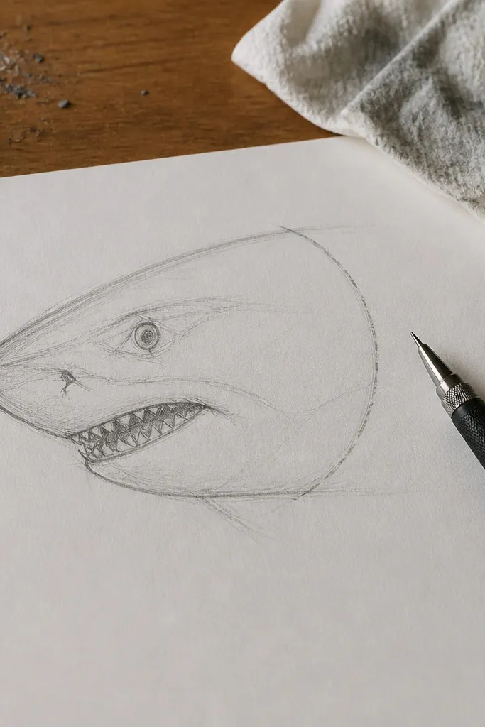 Shark sketch with a curved jaw contour and a short gill line behind the mouth