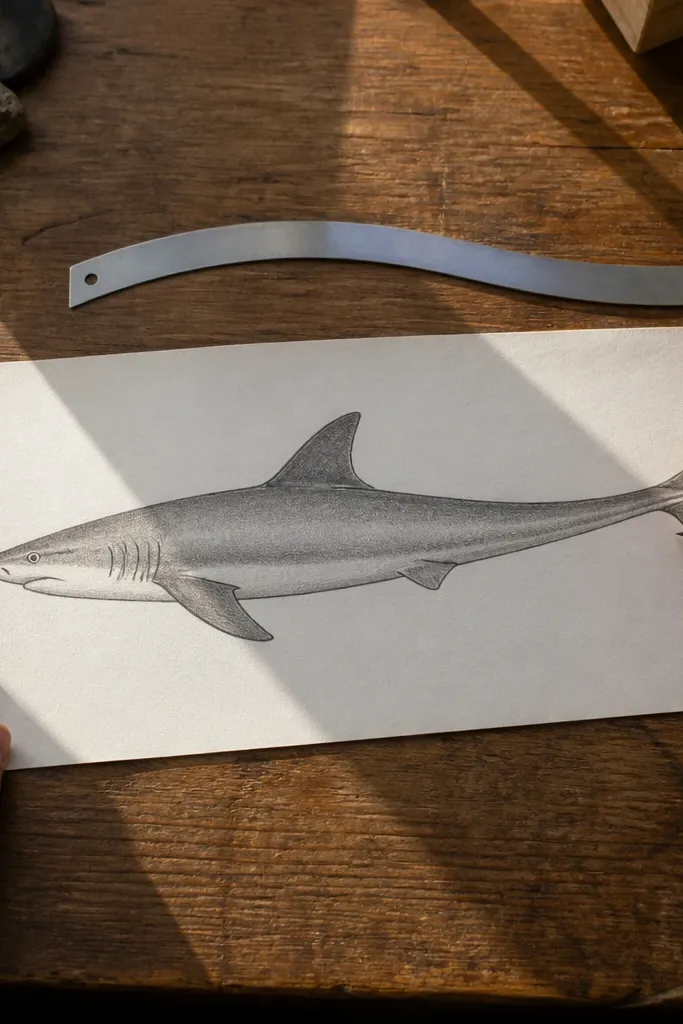 Shark sketch showing continuous spine line through tail stock to tail fin