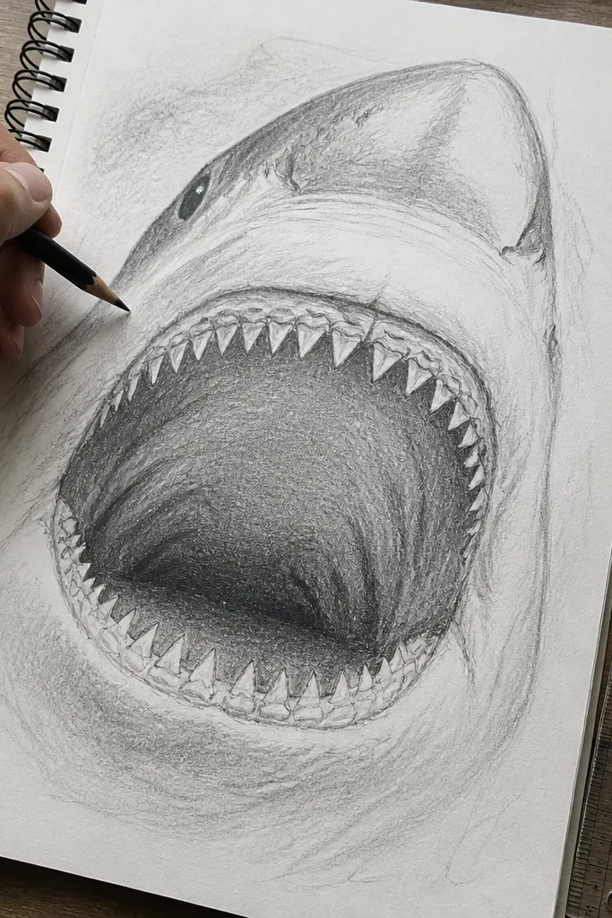 Shark mouth area with teeth drawn as repeating shapes following a curved jaw line