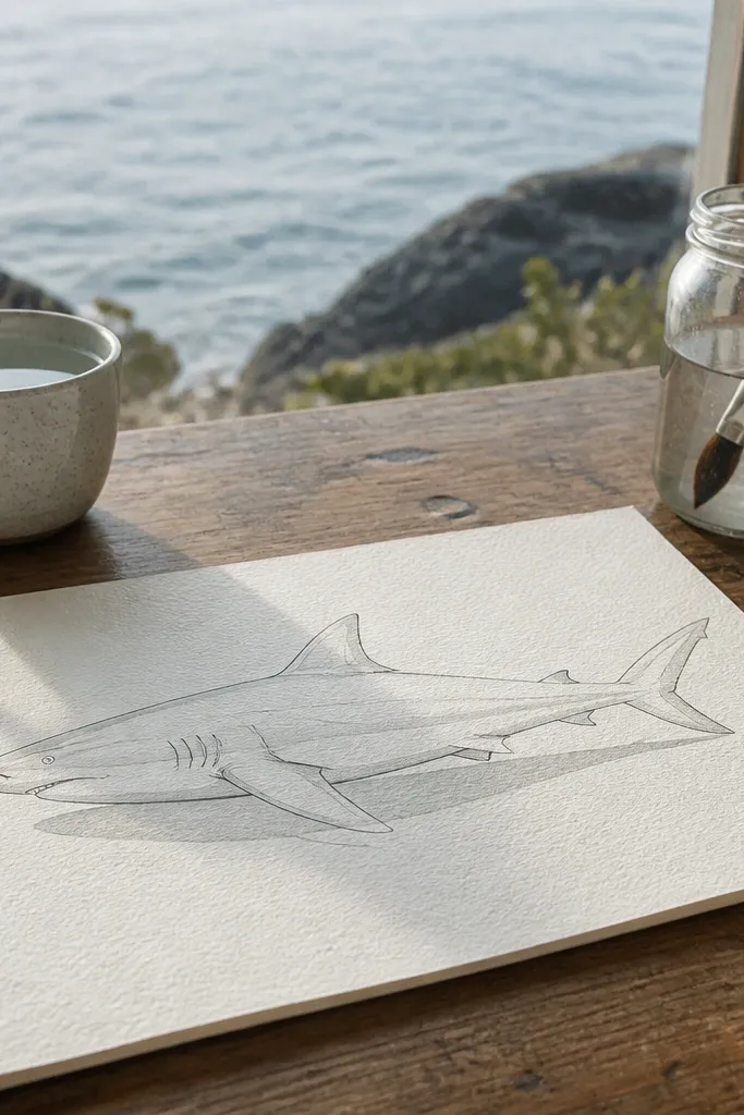 Side-view shark sketch with a smooth belly curve and a simple underside shadow shape