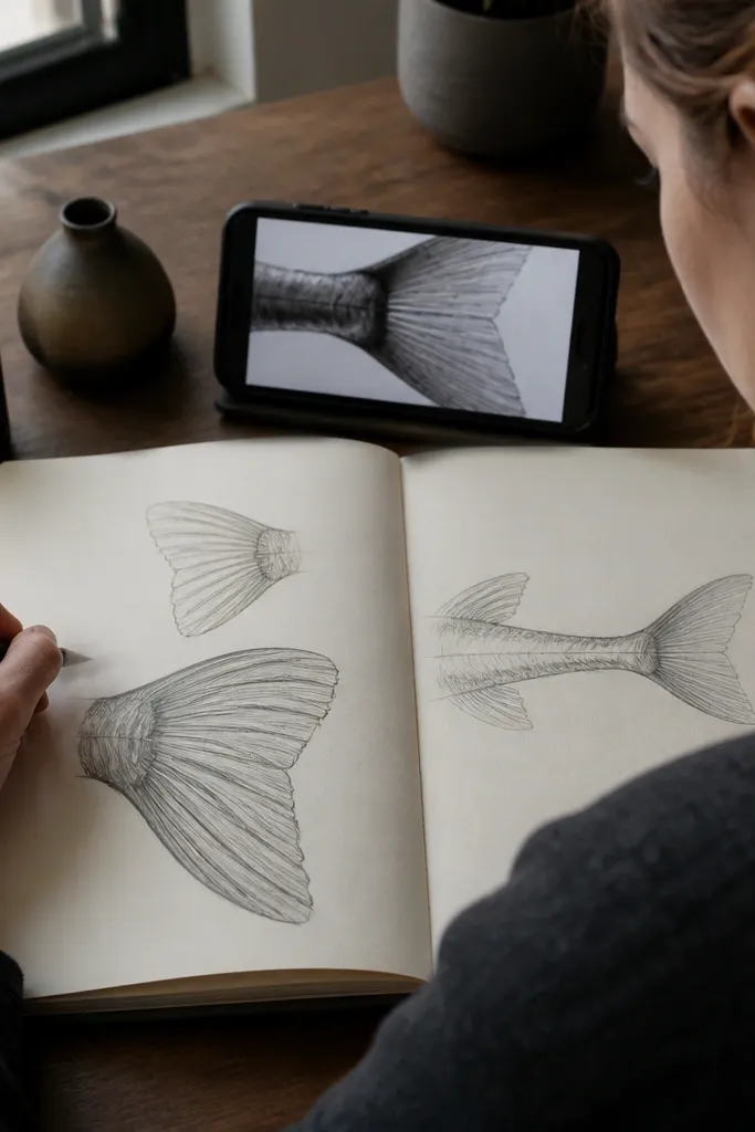 Shark sketch with two fins sized and angled correctly for side view vs three-quarter view