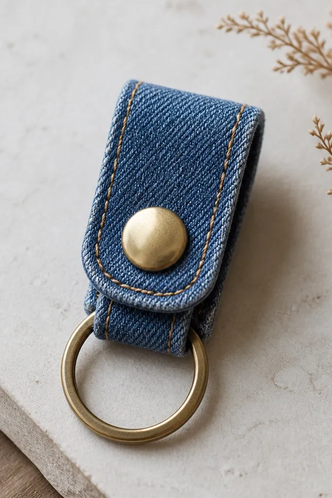 A small denim key fob made from folded blue jeans, with a shiny brass button centered on the front and visible topstitching along the sides; a metal keyring hangs below.