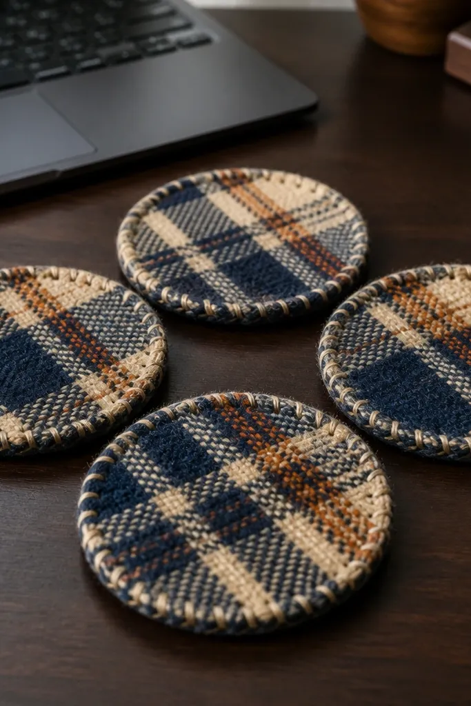 Four round coasters made from a thick knit sweater, each coaster showing different plaid-like color blocks in navy, cream, and muted rust, with a stitched edge around the perimeter.
