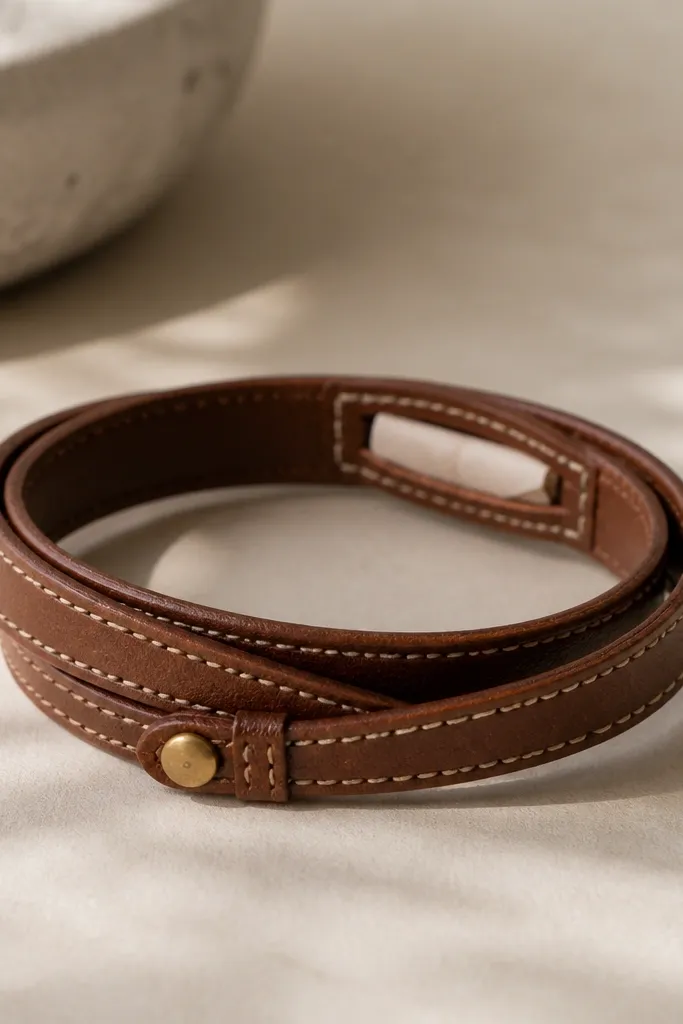 A slim brown leather wrap bracelet with two stitched wraps and a tiny stitched pocket on the inside edge holding a folded paper note; a small button closure is visible.