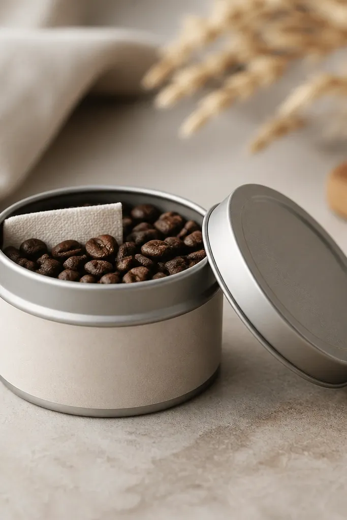 A small repurposed metal candle tin with a matte label and a lid, showing a visible insert filled with coffee beans and a small cloth strip tucked near the top.