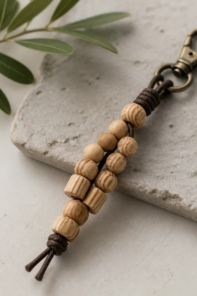 A keychain made from small wooden beads carved from chopsticks, strung with a dark twine cord and a metal clasp; the beads show natural grain lines.