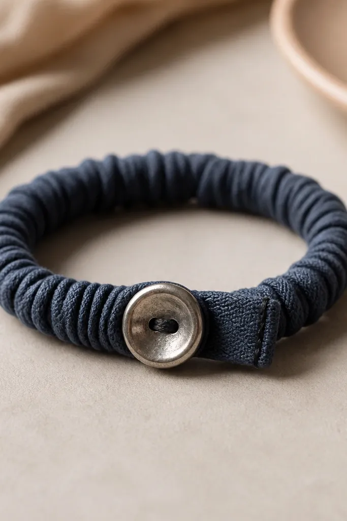 A slim bracelet made from an upcycled t-shirt strip, wrapped into a tight spiral like a scrunchie, with a small stitched end and a metal button clasp.