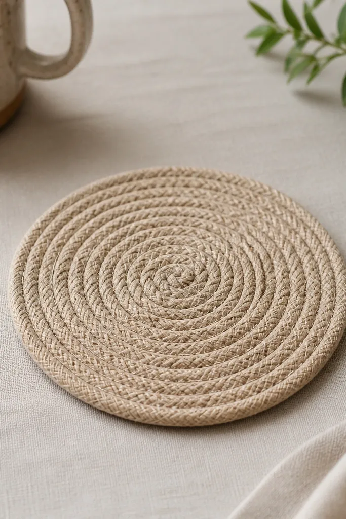 A small round coaster made from braided rope, stitched in a tight spiral, with a stitched backing in dark fabric and a clean flat edge.
