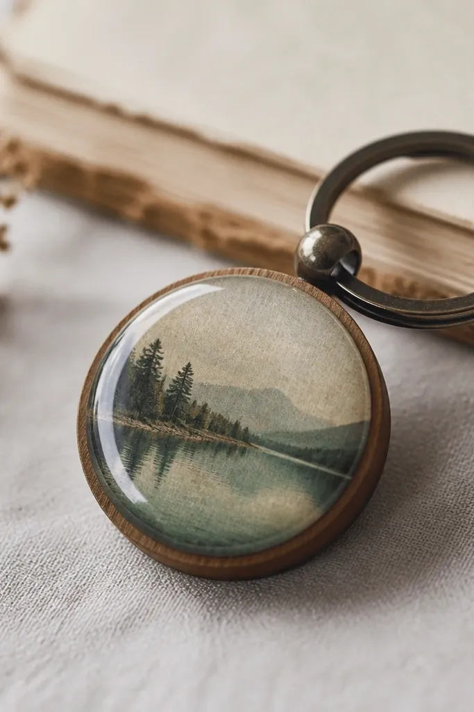 A small keychain featuring a clear resin dome over a photo transfer, with visible glossy surface and a metal keyring attached to a small wooden backing.