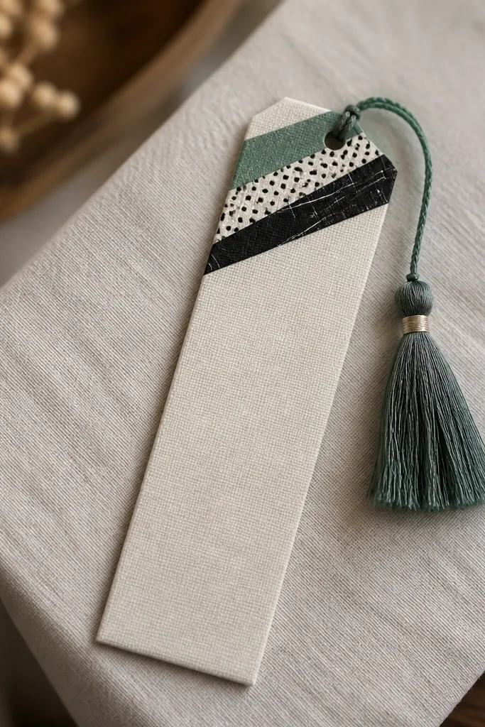 A narrow fabric-like bookmark strip with layered washi tape at the top corners, showing diagonal patterns in muted teal, black, and cream; a tassel hangs from the end.