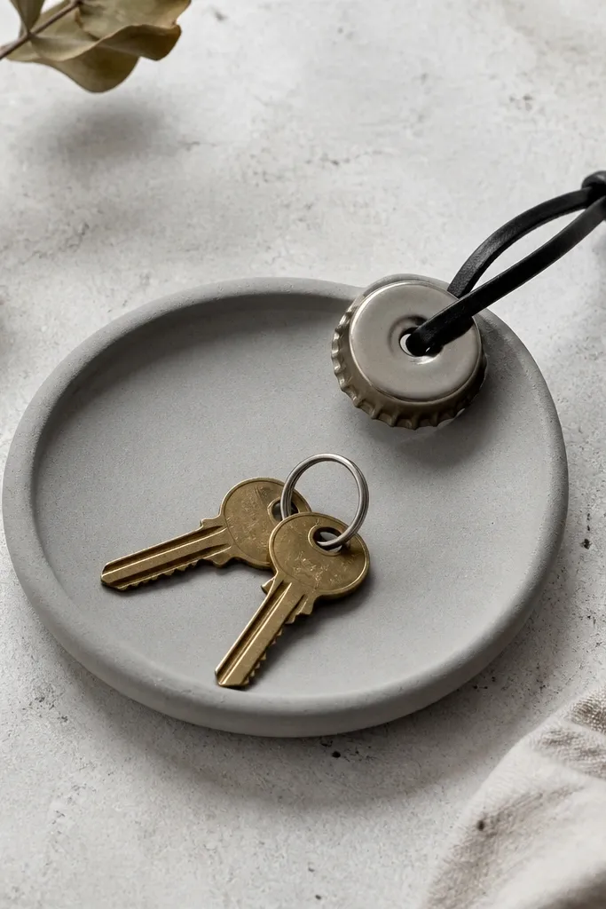 A small key holder shaped like a mini dish, made from gray plaster, with a smooth bottle cap embedded near the edge and a black leather cord tied through it.
