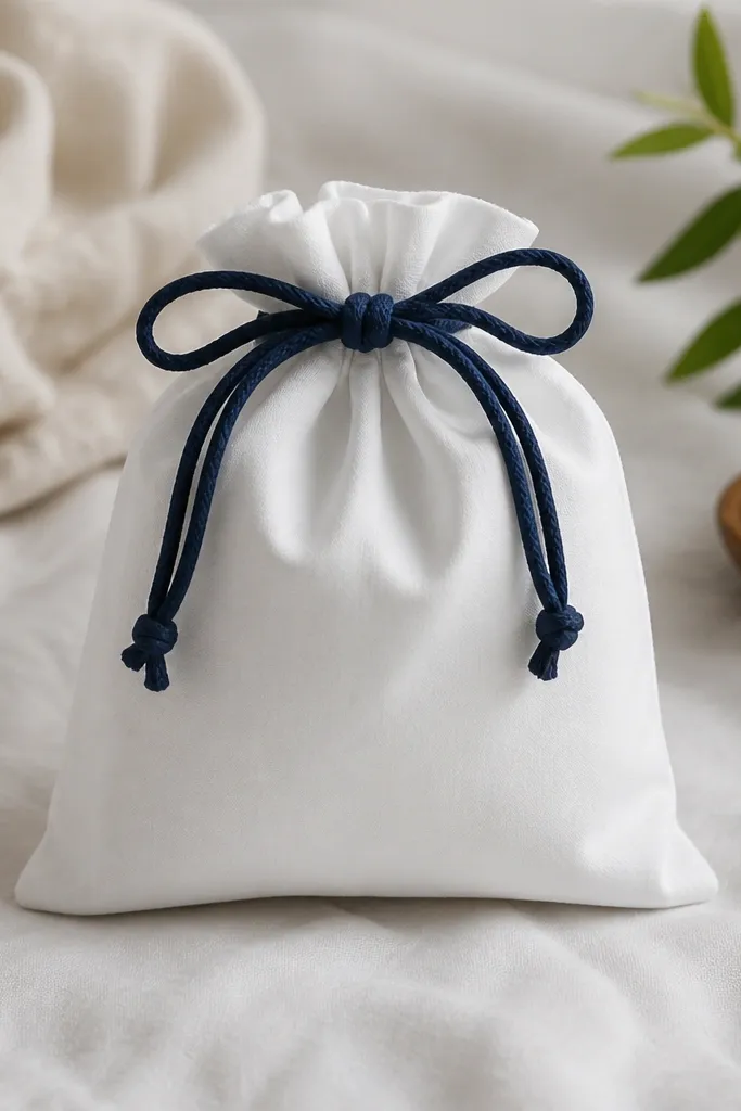 A small cinch sack bag made from a white bedsheet fabric with a navy drawstring, gathered at the top and tied; the seams are straight and clean.