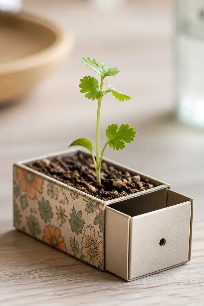 A small planter built from a repurposed matchbox covered in patterned paper, with a thin layer of soil and a tiny herb seedling growing; a small drainage hole is visible.