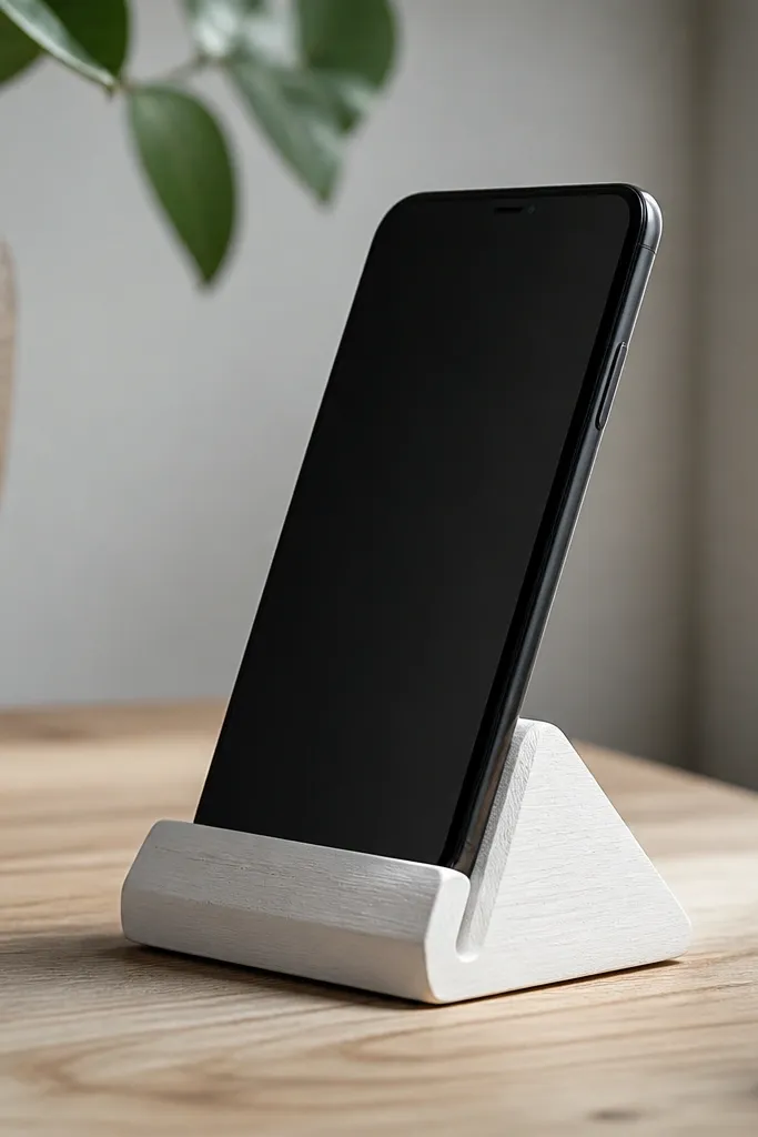 A small phone stand made from a triangular scrap of light wood, with a hidden magnet strip underneath and a clean painted finish; it holds a phone upright.
