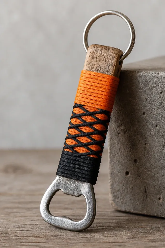 A small bottle opener attached to a piece of scrap wood, wrapped with bright orange and black embroidery thread around the handle, with a metal keyring on top.