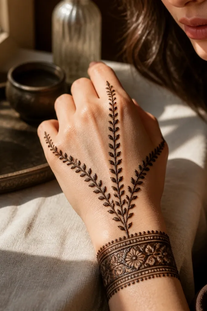 Back hand mehndi with a thick wrist cuff and a center spine branching into three vine fans.