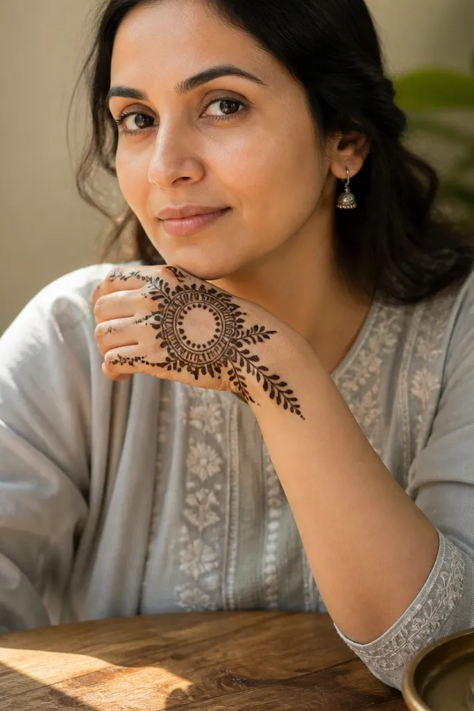 Back hand mehndi with a halo around knuckles and two side branches toward the wrist.