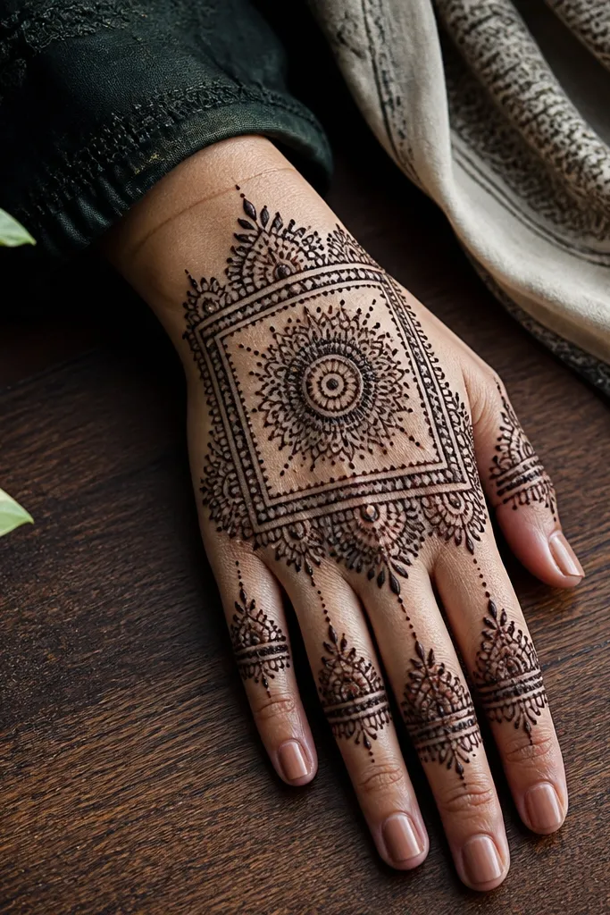 Back hand mehndi with a rectangular frame and a mandala in the center of the hand.