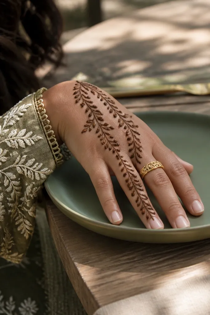 Back hand mehndi with ladder-like vines running up the hand and small side leaves.