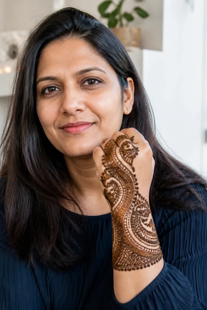 Back hand mehndi with a half-moon cuff and draped paisley lines across the hand.