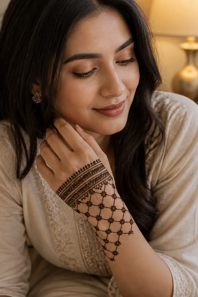 Back hand mehndi with triple borders and a lattice pattern across the finger bridge.
