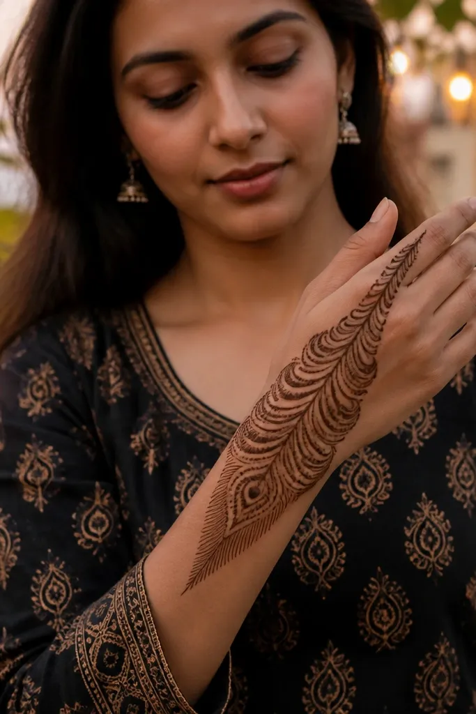 Back hand mehndi with a peacock tail spine and feather tips across the hand.