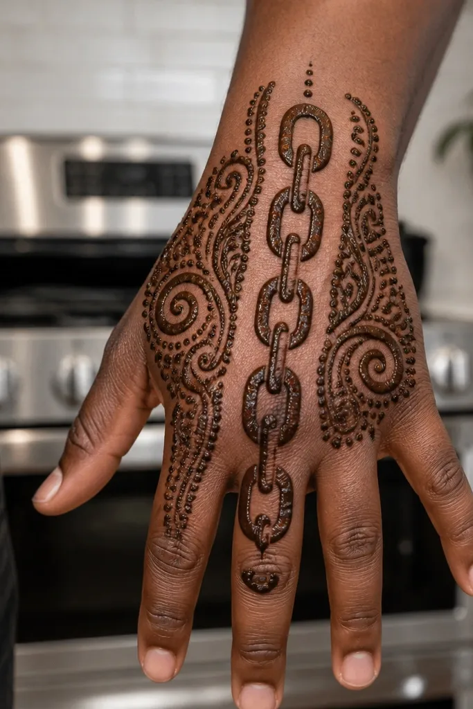 Back hand mehndi with chain links in the center and paisley swirls on the sides.