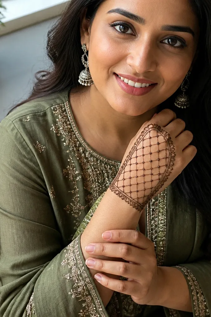 Back hand mehndi with a lace net pattern and a thick outer border frame.